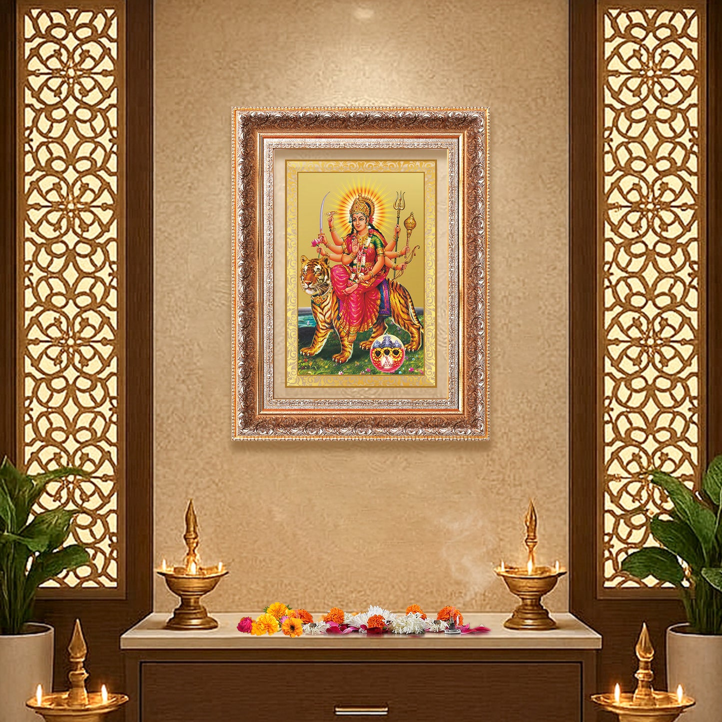 Durga Sherawali Mata with Pind | Divine Wall Mount Photo Frame in 24K Gold Plated Foil