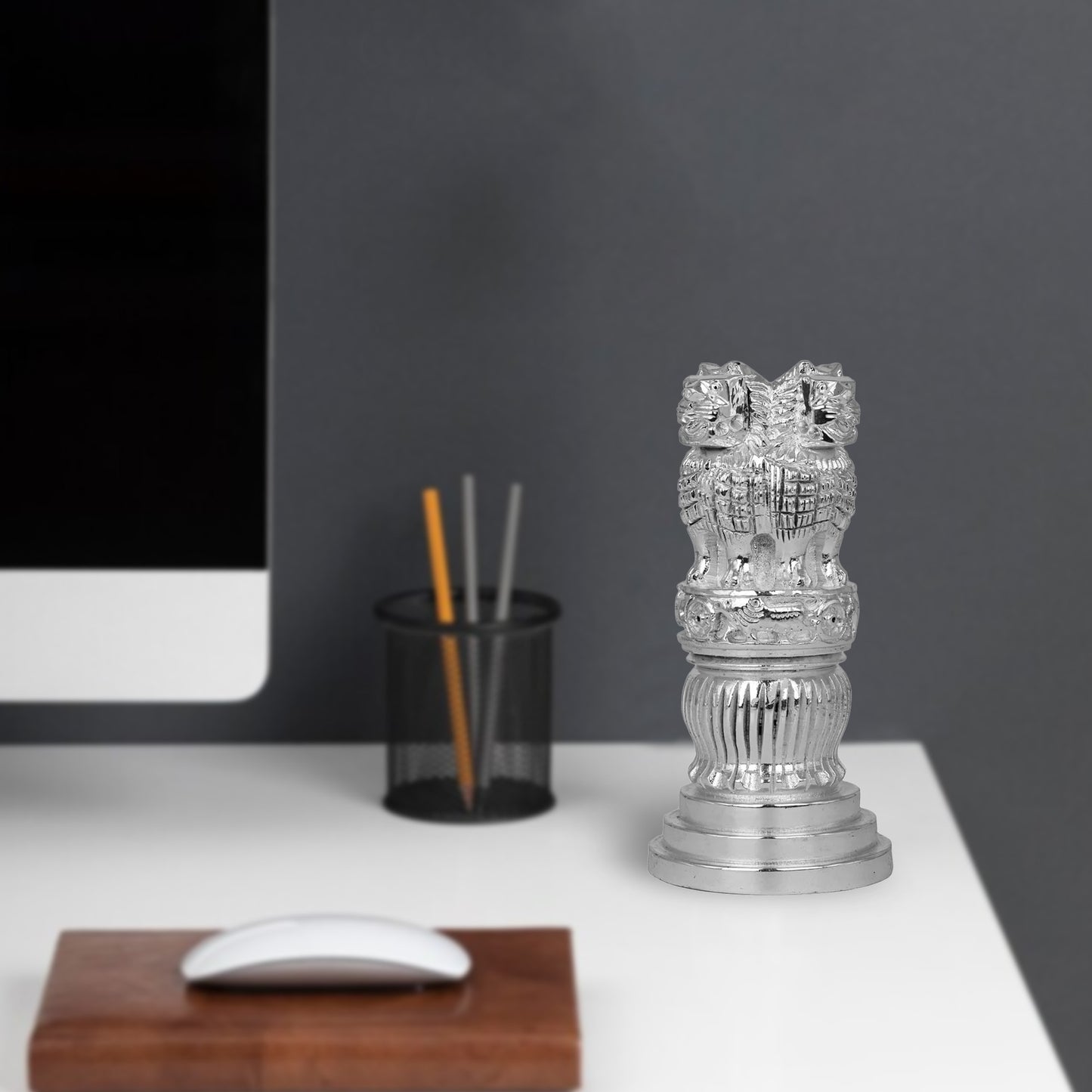 DIVINITI 999 Silver Plated Ashok Stambh Idol For Home Decor, Office Desk, Table Decor, Gift Dimension: (15x7 CM)