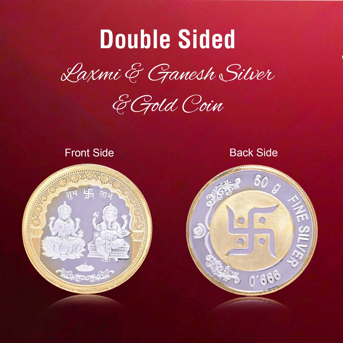 DIVINITI Pure Silver Coin with 24K Gold Plated Laxmi Ganesh & Swastik Exquisite Emblem of Wealth and Blessings for Home & Office Décor, Puja Room Diwali Gift (50g)