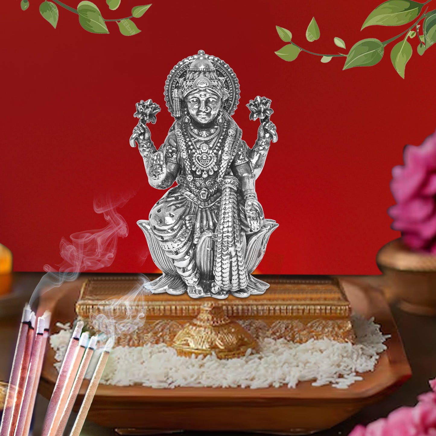 925 Pure Silver Laxmi Ji Idol Statue Divine Elegance Wealth and Prosperity for Home Office Décor, Tabletop, Puja Room Gift (4x4.5 CM, 45g)