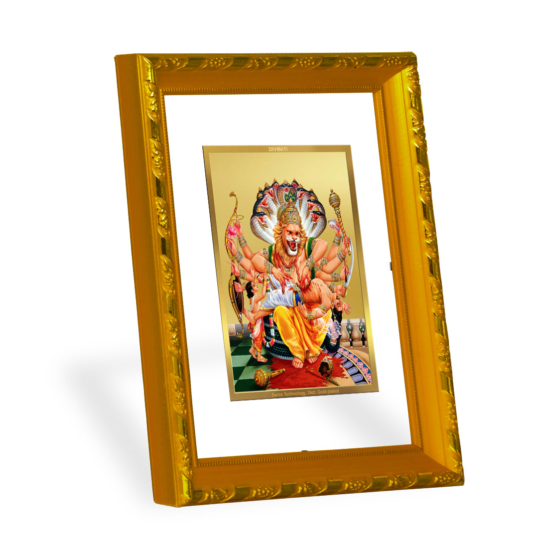 DIVINITI 24K Gold Plated Foil Narsimha Photo Frame Idol for Home Decor, Puja Room, Table Top, Wall Hanging, Workshop, Luxurious Gift|DG103 Size 2 (22.6x18.4 CM)
