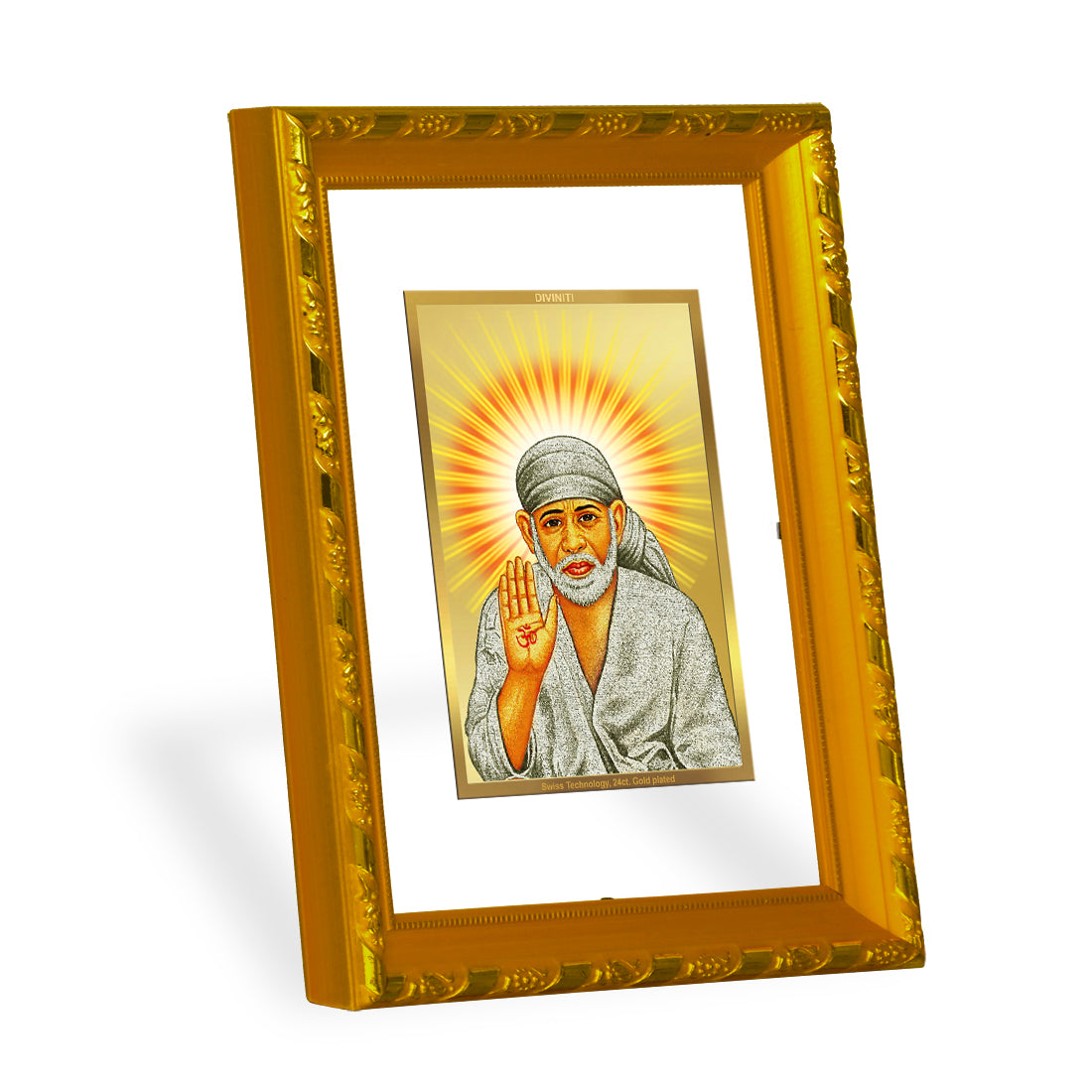 DIVINITI 24K Gold Plated Foil Sai Baba Photo Frame Idol for Puja Room, Home Wall Decor, Workshop, Table Top, Gift|DG103 Size 2 (22.6x18.4 CM)