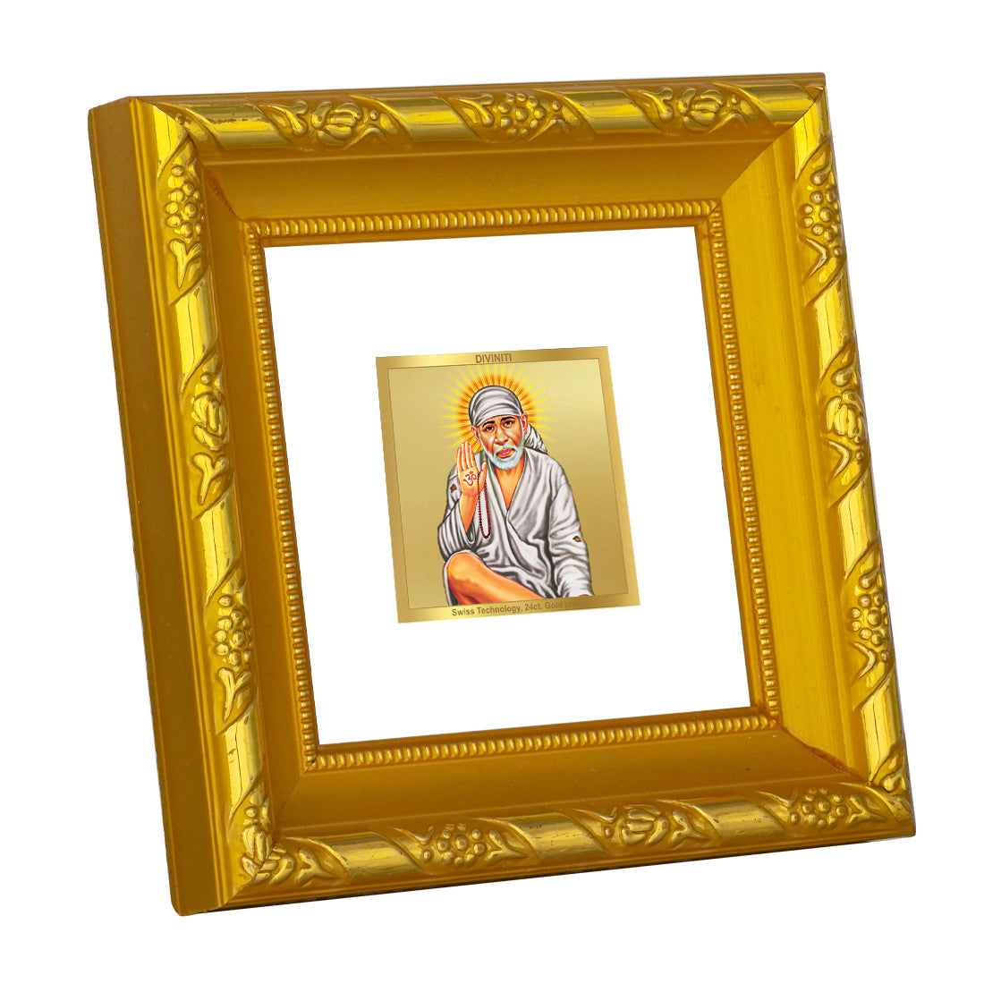 DIVINITI 24K Gold Plated Sai Baba Classic Wall Photo Frame Idol for Home Decor, Puja Room, Table Top, Workshop, Gifts | DG103S1A (10x10 CM)