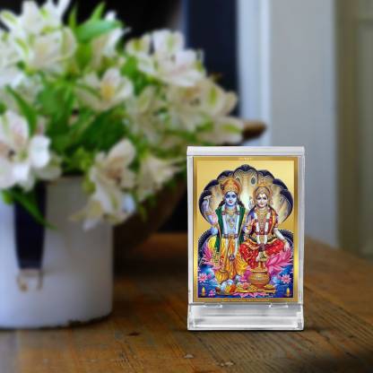 Diviniti 24K Gold Plated Foil Vishnu Lakshmi Ji Frame For Car Dashboard, Home Decor, Tabletop, Puja Room, Gift (11 x 6.8 CM)