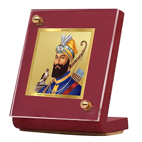 Diviniti 24K Gold Plated Foil Guru Gobind Singh Ji Frame For Car Dashboard, Home Decor, Table Tops (5.5 x 6.5 CM)