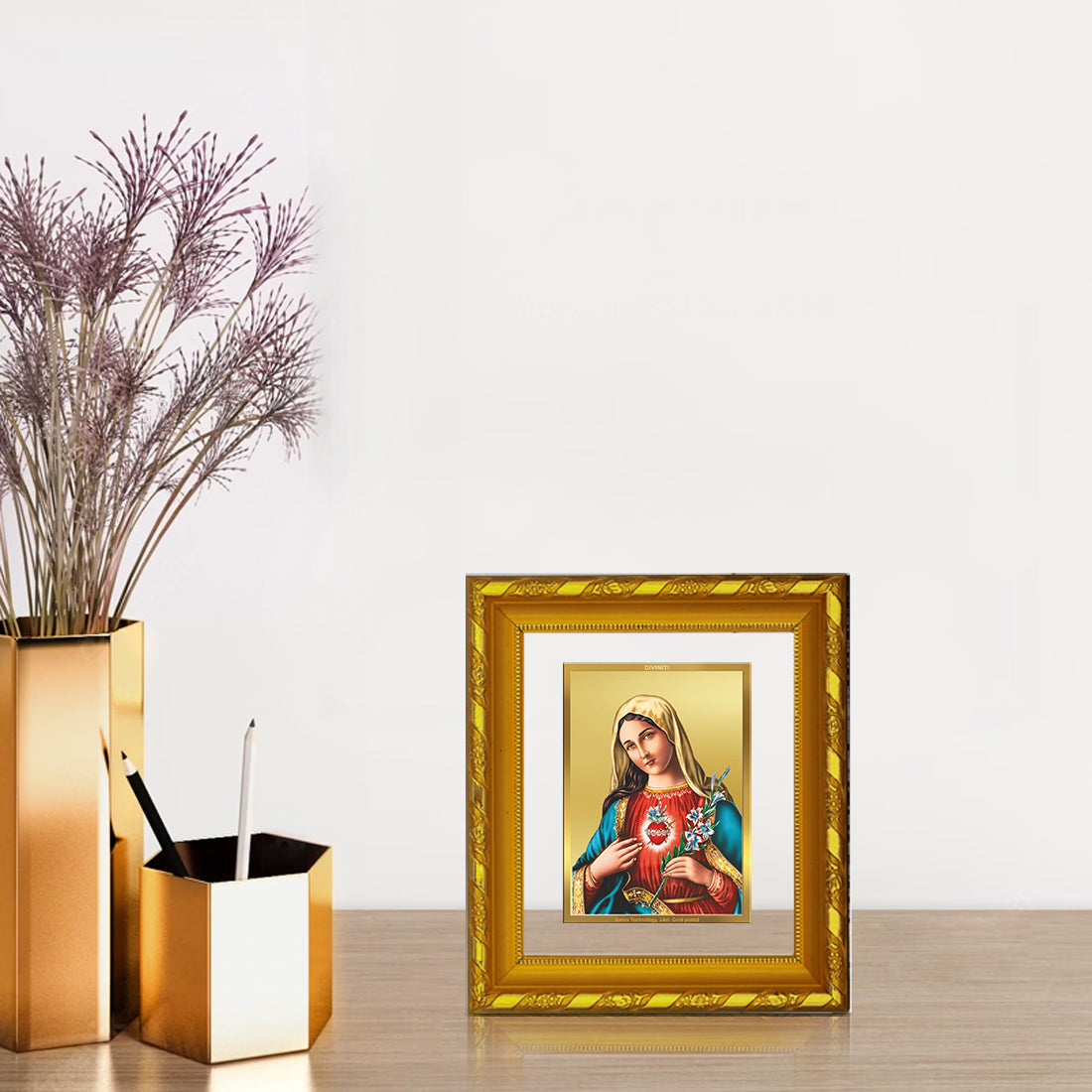 DIVINITI 24K Gold Plated Foil Mother Mary Photo Frame for Home Wall Decor, Luxury Gift DG 103 Size 1 (15.3x14.9 CM)