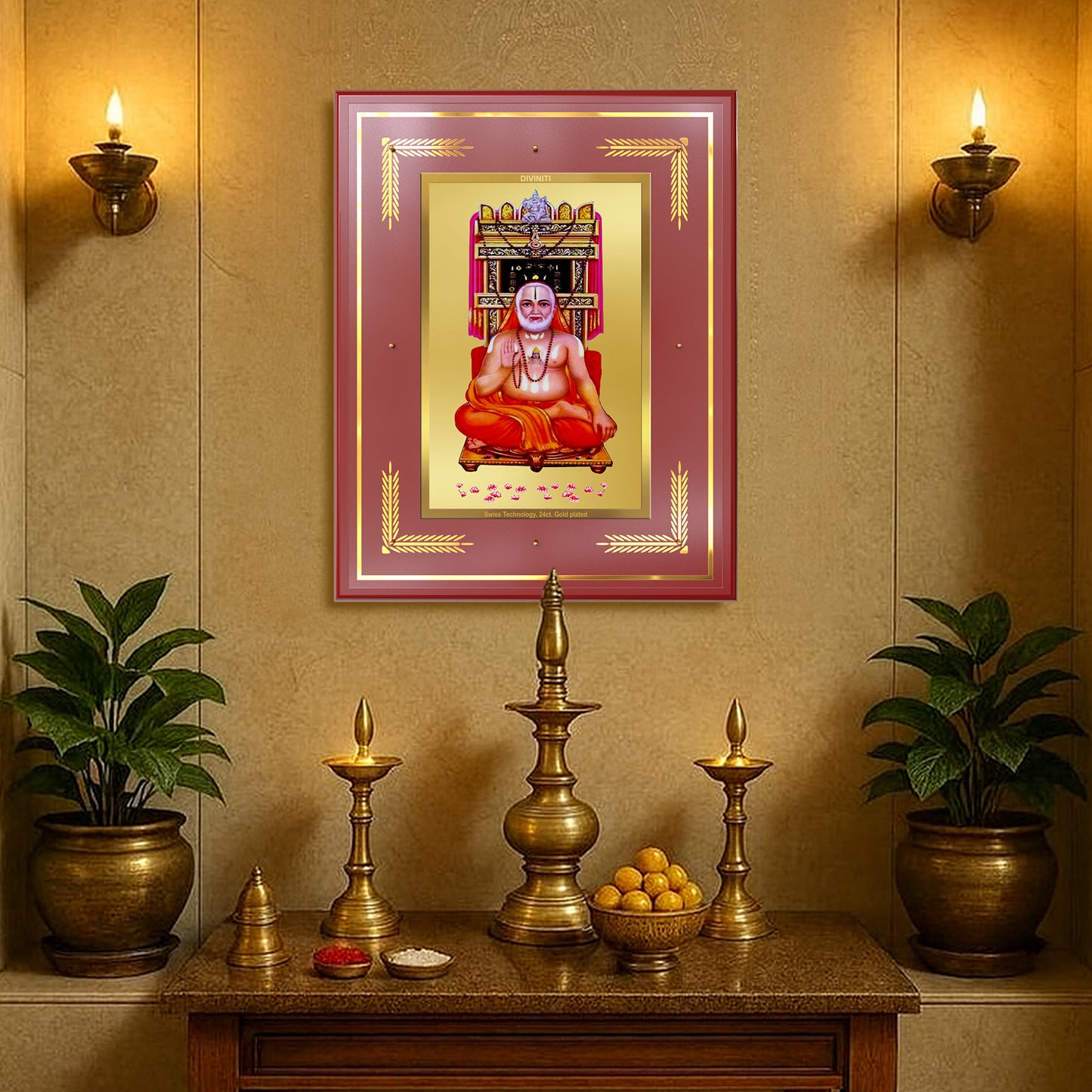 Sri Raghavendra Tirtha Swami | Revered Madhwa Saint Wall Mount Photo Frame in 24K Gold Plated Foil