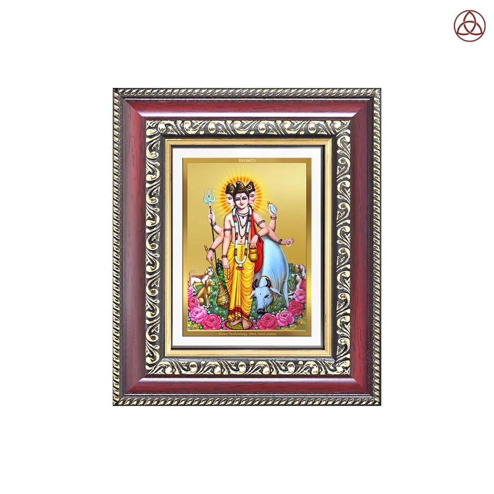Dattatreya with Kamadhenu | Shri Dattatreya Tabletop Frame in 24K Gold Plated Foil
