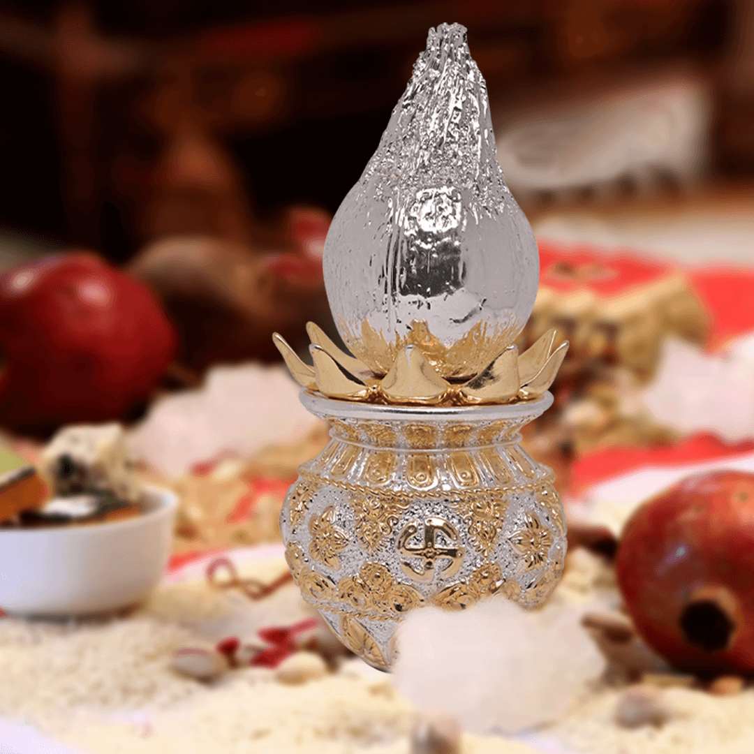 DIVINITI 24K Gold Plated Swastik Kalash with Silver Plated Coconut Elegance Rituals and Celebrations for Home Office Décor Puja Room Diwali Gift (16x8 CM)