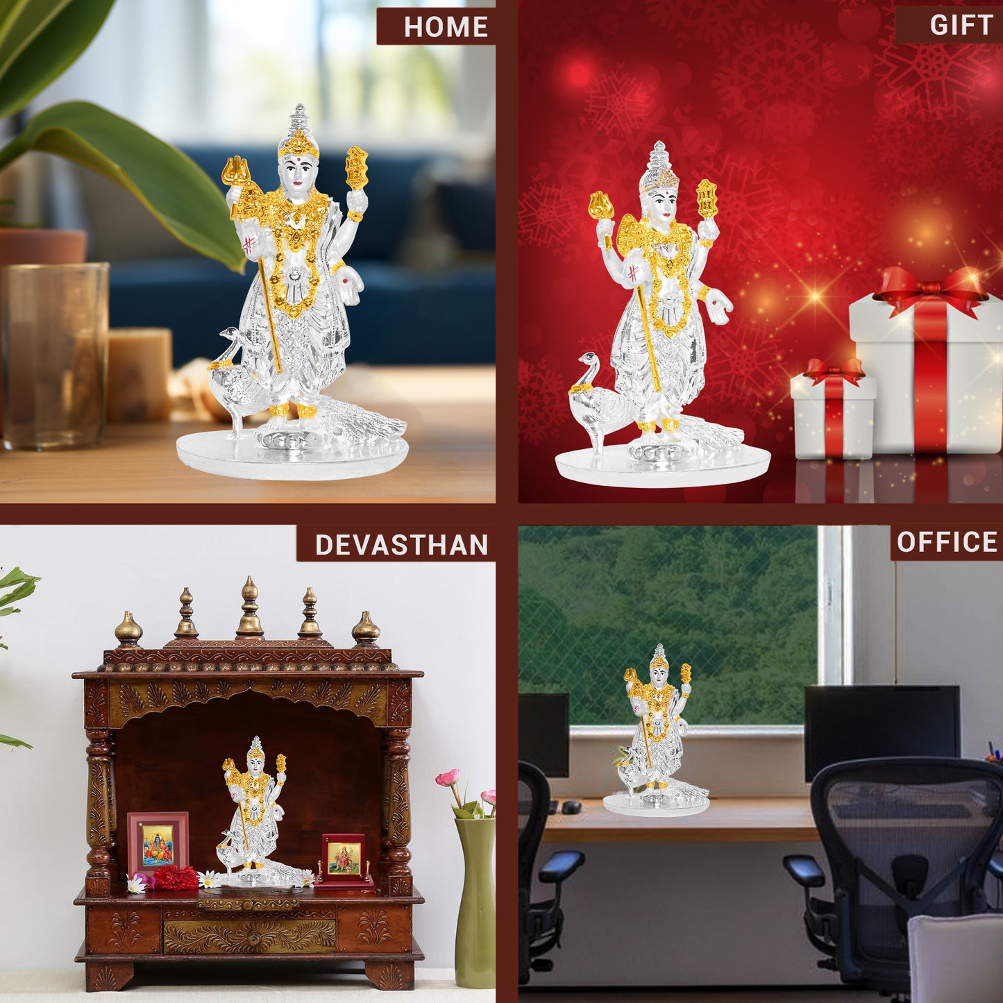 Diviniti 999 Silver Plated Kartikeya Idol Statue Exquisite Spiritual Symbol of Victory for Home & Office Pooja Room Gift (8x5 CM)