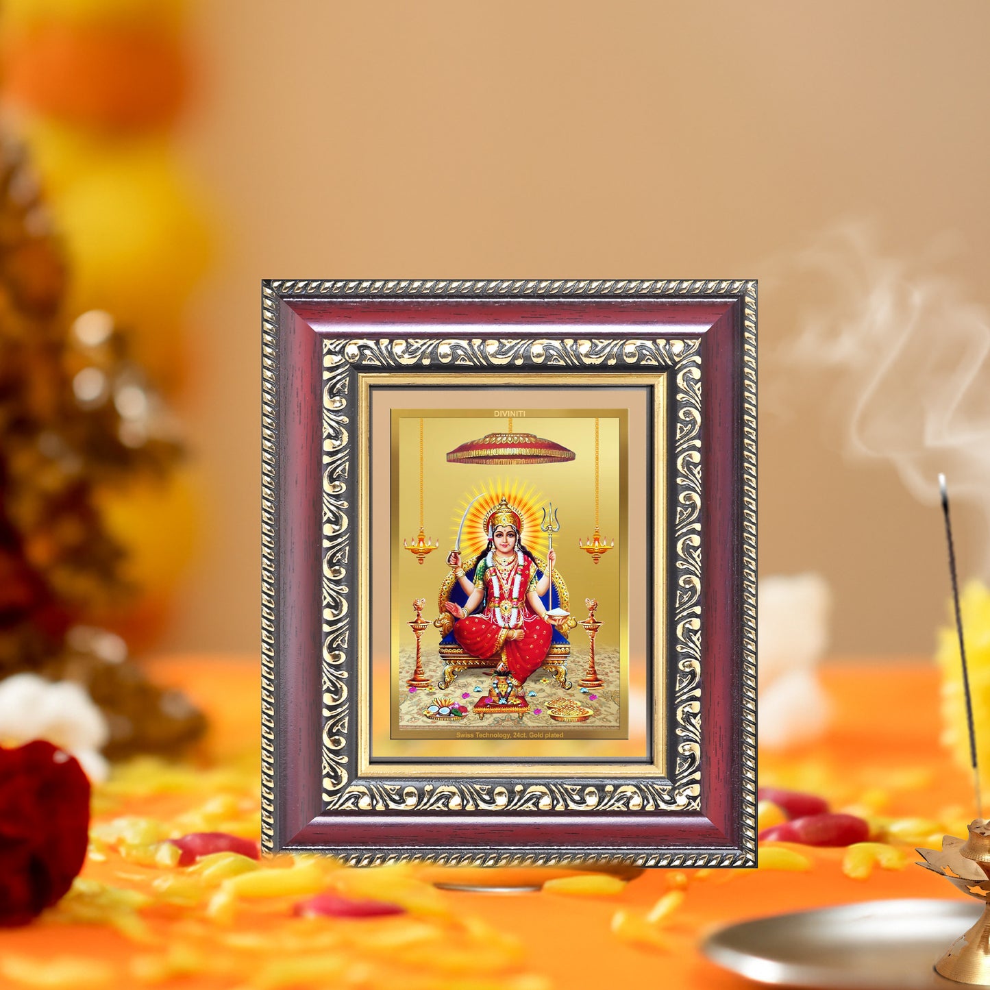 Diviniti 24K Gold Plated Santoshi Mata (Classic) Divine Table Top Frame for Home Mandir & Office Decor | Luxury Spiritual Gift