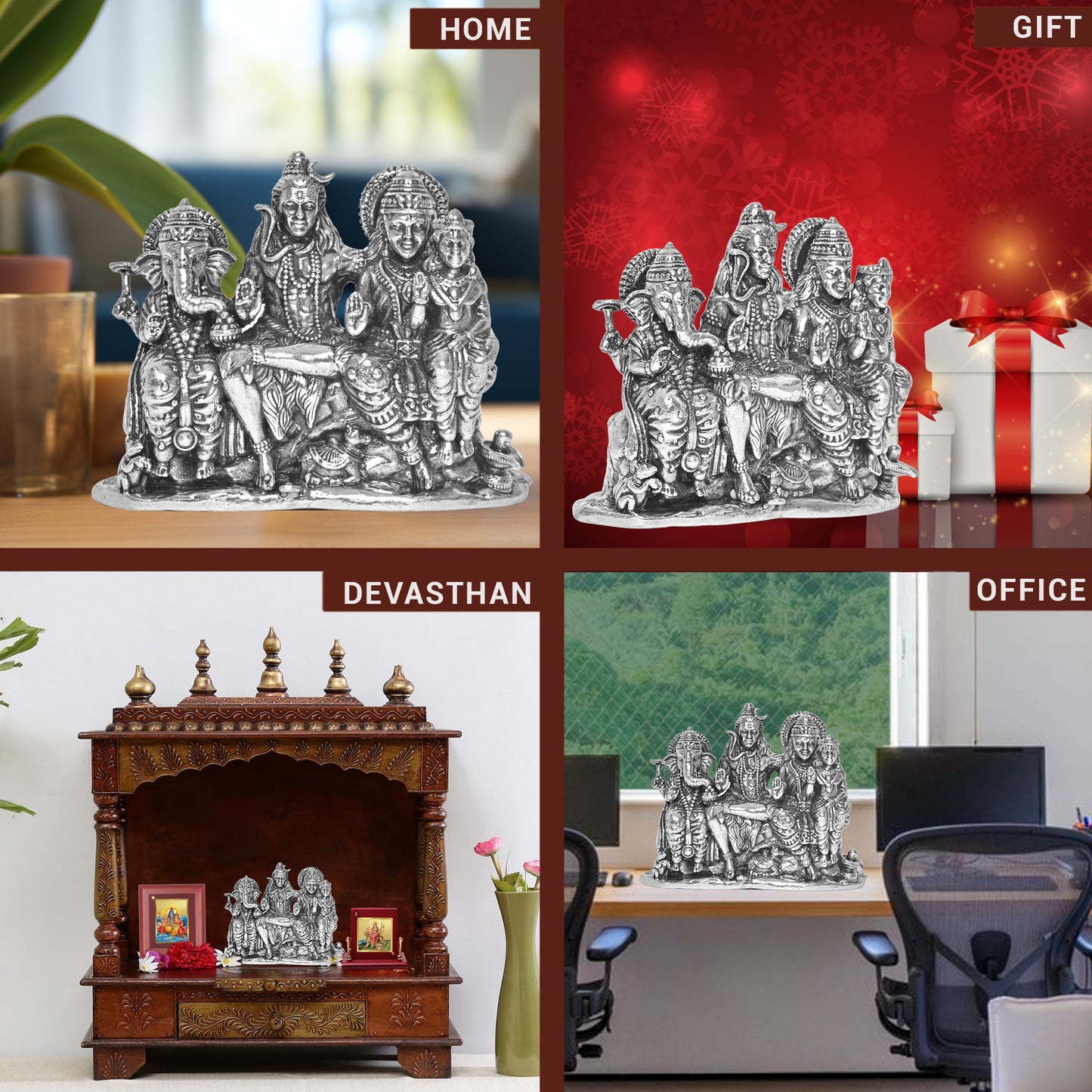 925 Pure Silver Shiv Parivar Idol Statue Elegant Divine Family Blessings for Home Office Décor, Tabletop, Puja Room Gift (7.7x30.5 CM, 305g)