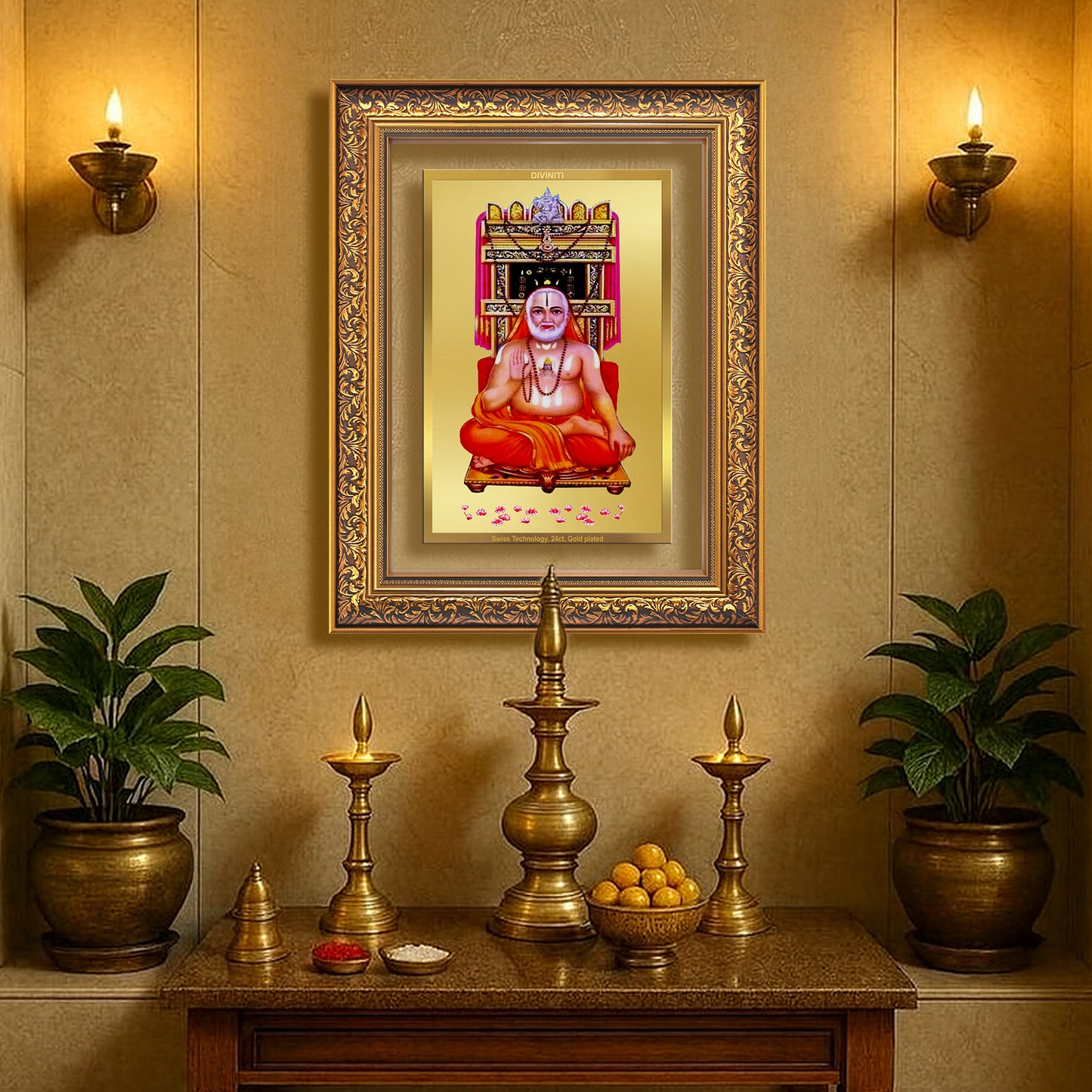 Sri Raghavendra Tirtha Swami | Revered Madhwa Saint Wall Mount Photo Frame in 24K Gold Plated Foil