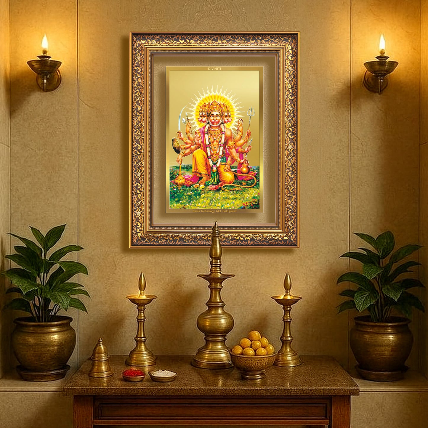 Panchmukhi Hanuman | Five-Faced Hanuman Wall Mount Photo Frame in 24K Gold Plated Foil