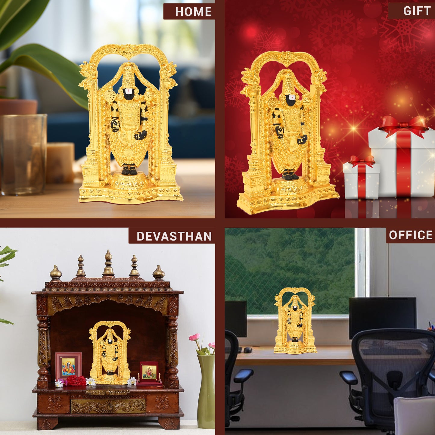 DIVINITI 24K Gold-Plated Tirupati Balaji Idol Statue Blessings of Abundance and Prosperity for Home Office Décor Tabletop, Puja Room Gift (8.5x5.5 CM)