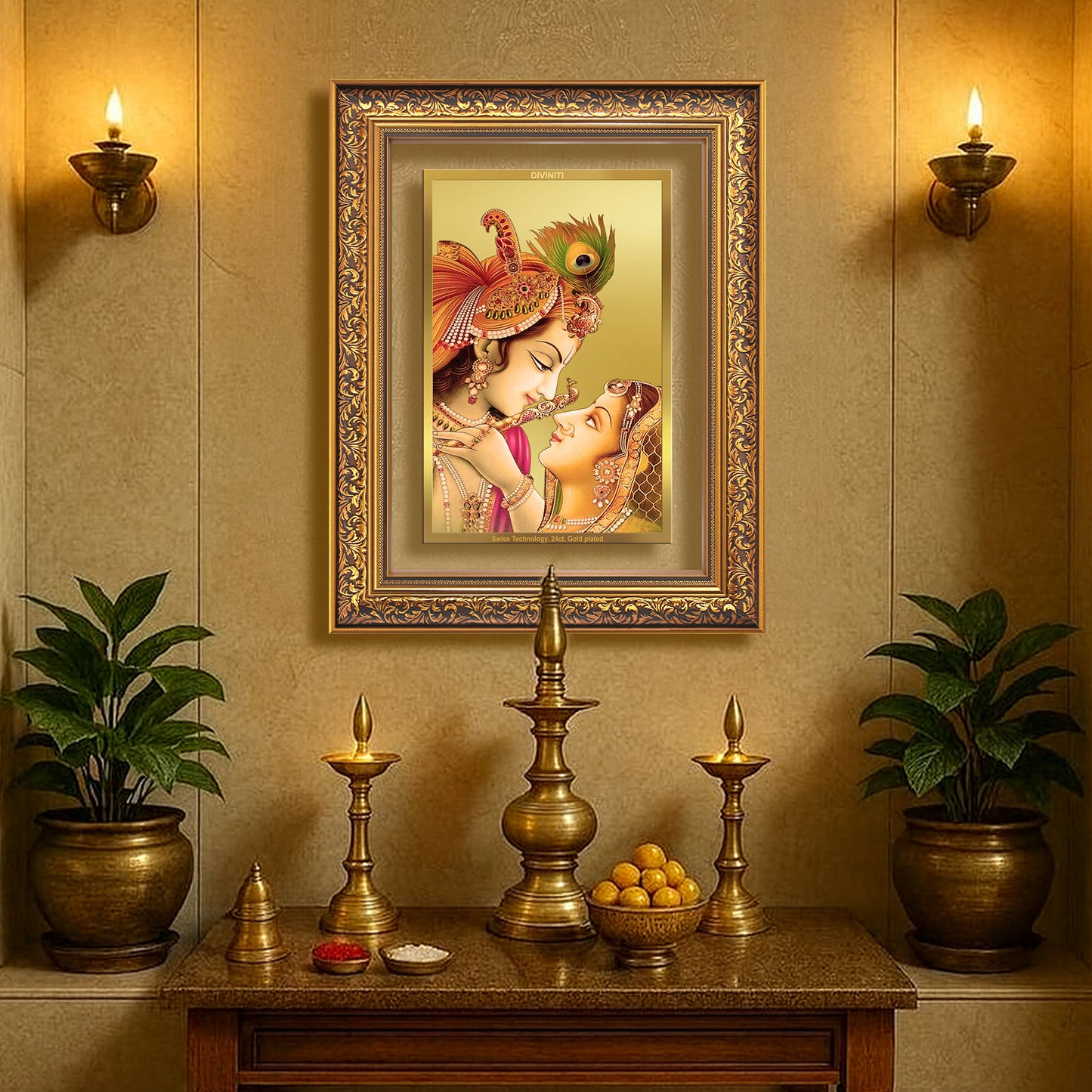 Radha Krishna with Flute | Lord Krishna Wall Mount Photo Frame in 24K Gold Plated Foil
