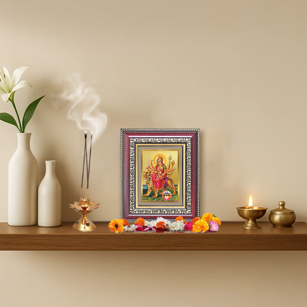 Diviniti 24K Gold Plated Durga - Sherawali Mata With Pind (Classic) Divine Table Top Frame for Home Mandir & Office Decor | Luxury Spiritual Gift