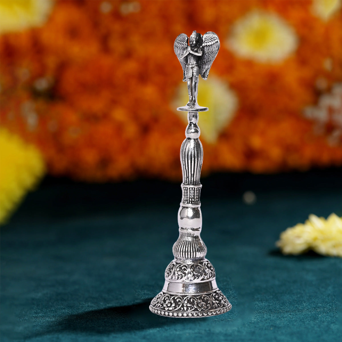 Pure Silver Puja Bell Handcrafted Temple Bells, Sacred Ritual Decor, Vintage Spiritual Art (3.5x12 cm,81g)
