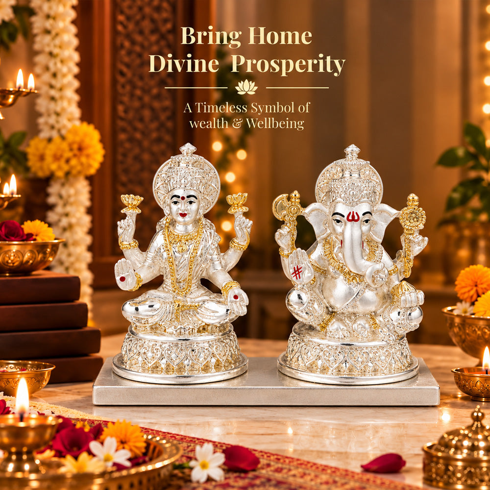 999 Silver-Plated Dual-Tone Laxmi Ganesha Idol | Premium Gift Box | 10x13 CM