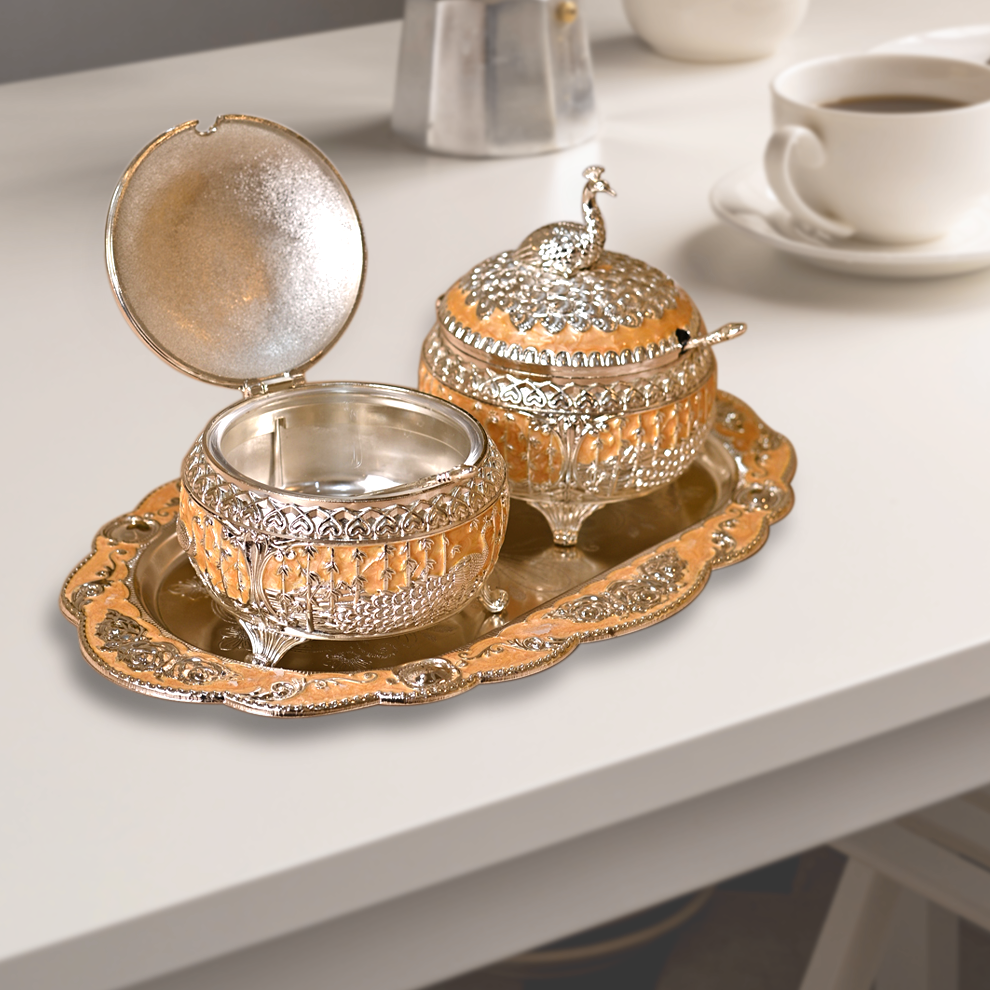 Diviniti Vintage Silver Plated Sugar Bowl with Serving Tray Dry Fruit Peacock Container Jar Set Traditional Parties & Dining Collection for Luxury Home Decor, Tabletop & Gift