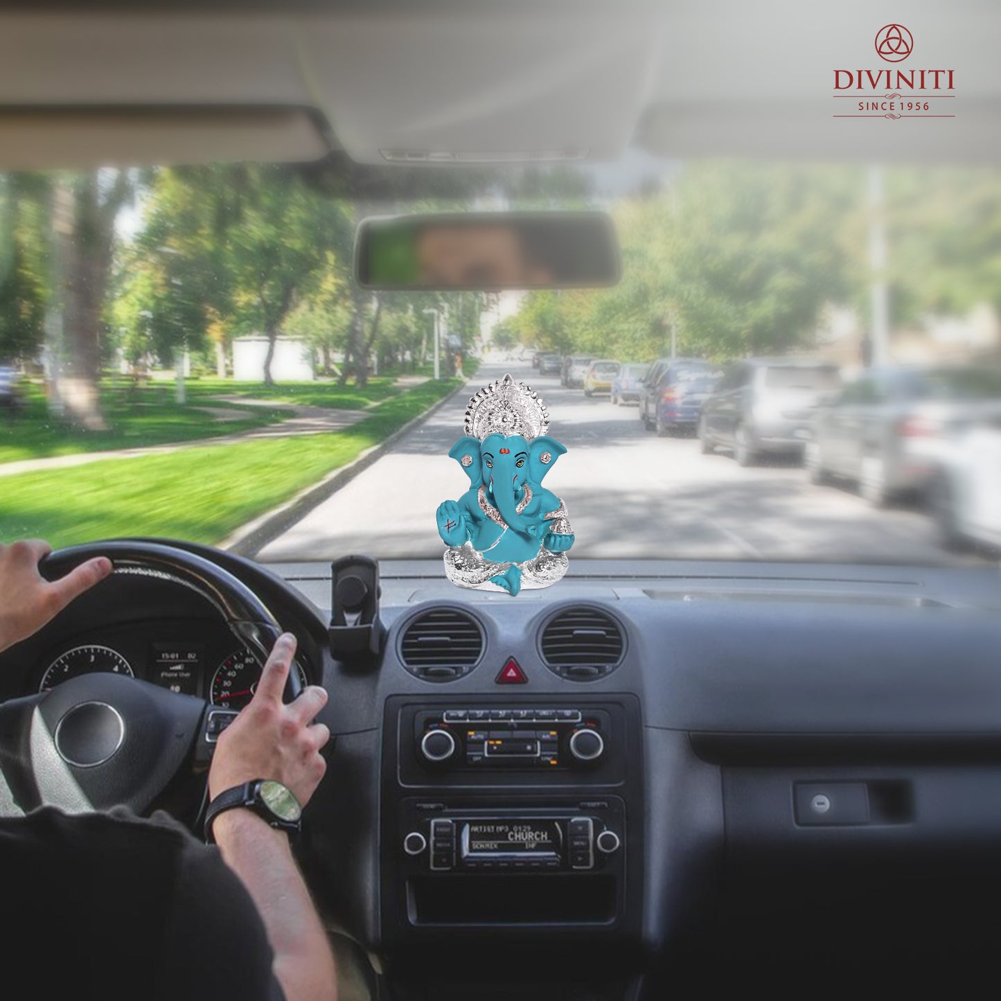 Diviniti 999 Silver Plated Resin Lord Ganesha Idol for Car Dashboard Tabletop for Home Decor Mandir Puja Gift Teal (8.4x4.2cm)