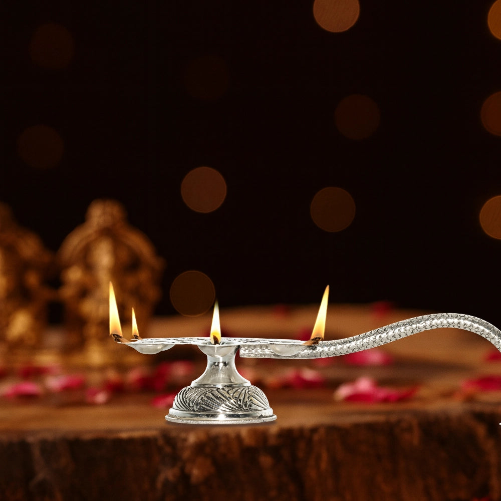 Pure Silver | 6 Mukhi Arti Diya for Puja Room |Spiritual Decor | Home Temple | Festive Decor (264 g)