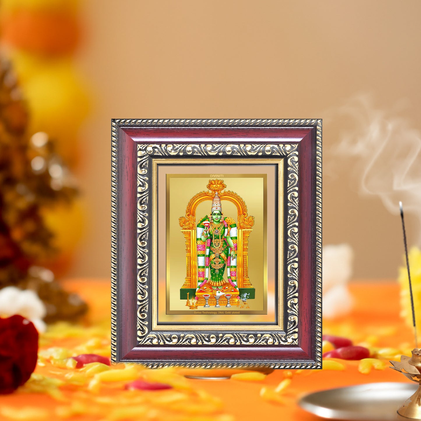 Diviniti 24K Gold Plated Meenakshi Amman (Classic) Divine Table Top Frame for Home Mandir & Office Decor | Luxury Spiritual Gift