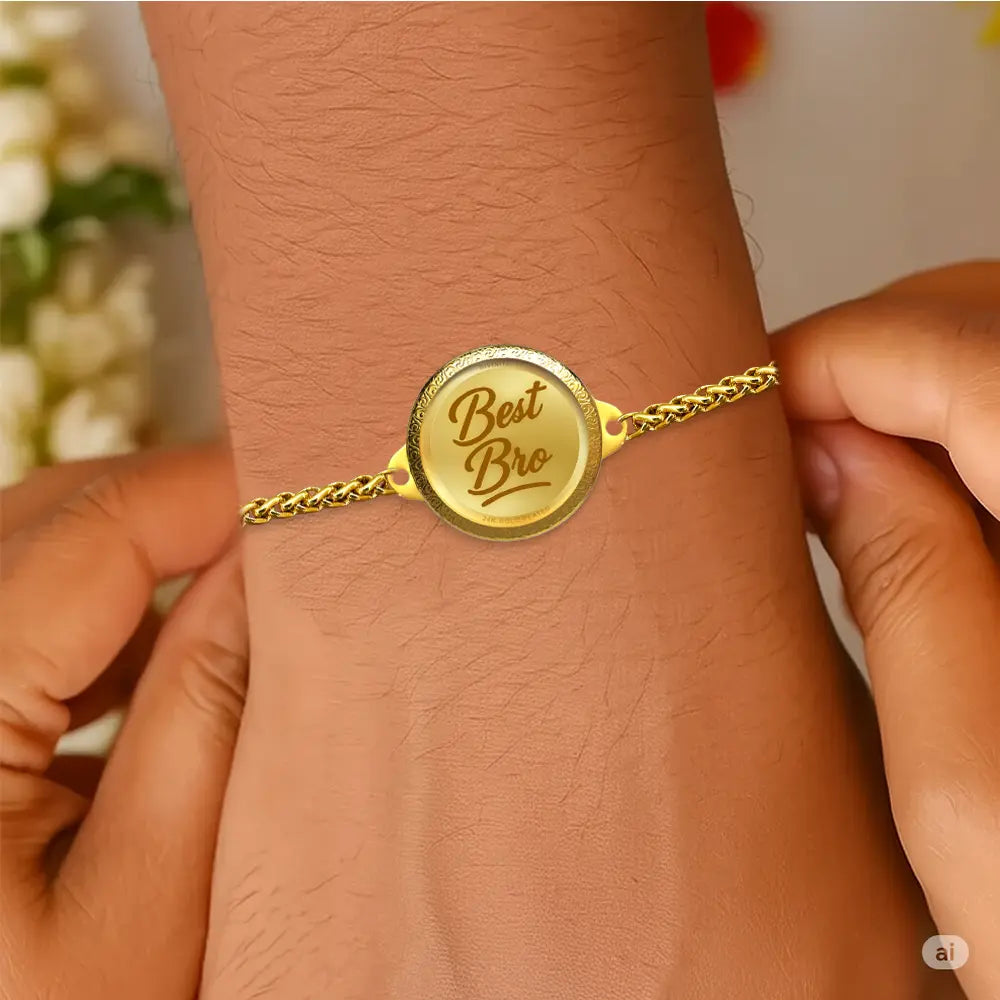 Personalized Chain Rakhi with 22MM 24K Gold Plated Foil Divine Raksha Bandhan Gift