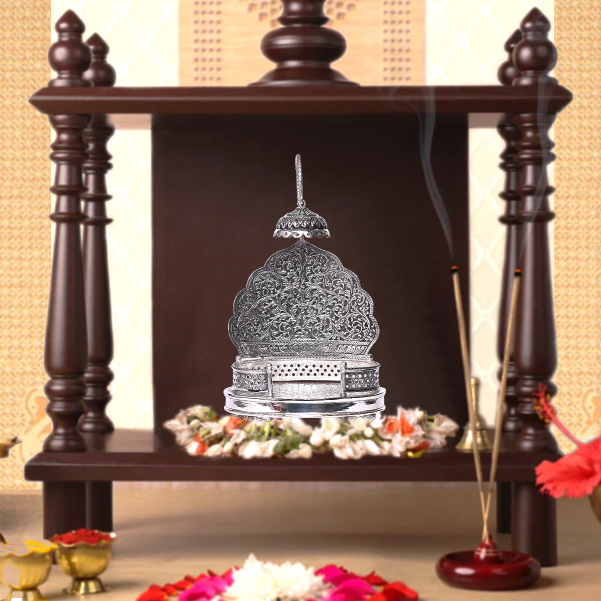 Pure Silver Singhasan Mandir Antique Temple Divine Décor Vintage Handcrafted Pooja Stand (17x18.5x26 cm,669.5g )