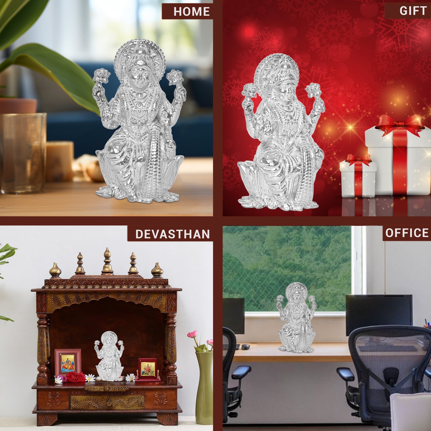 925 Pure Silver Laxmi Ji Idol Statue Divine Elegance Wealth and Prosperity for Home Office Décor, Tabletop, Puja Room Gift (6x6.5 CM, 65g)