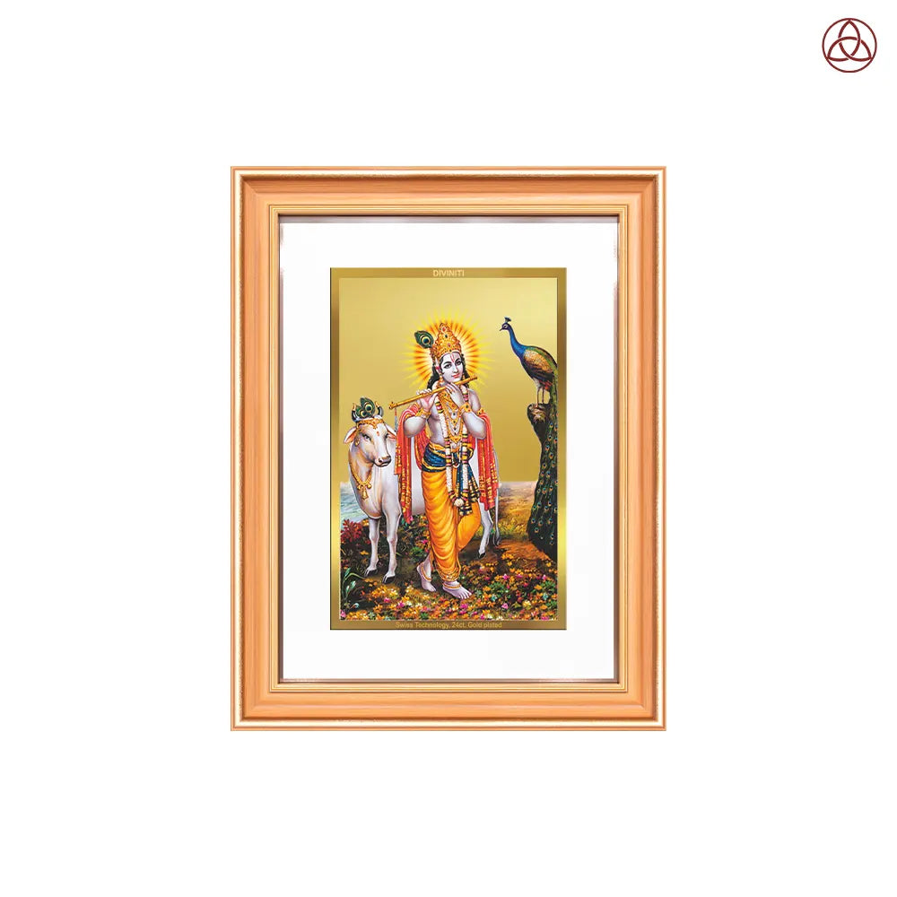 Lord Krishna with Surbhi Cow | Divine Wall Photo Frame in 24K Gold Plated Foil