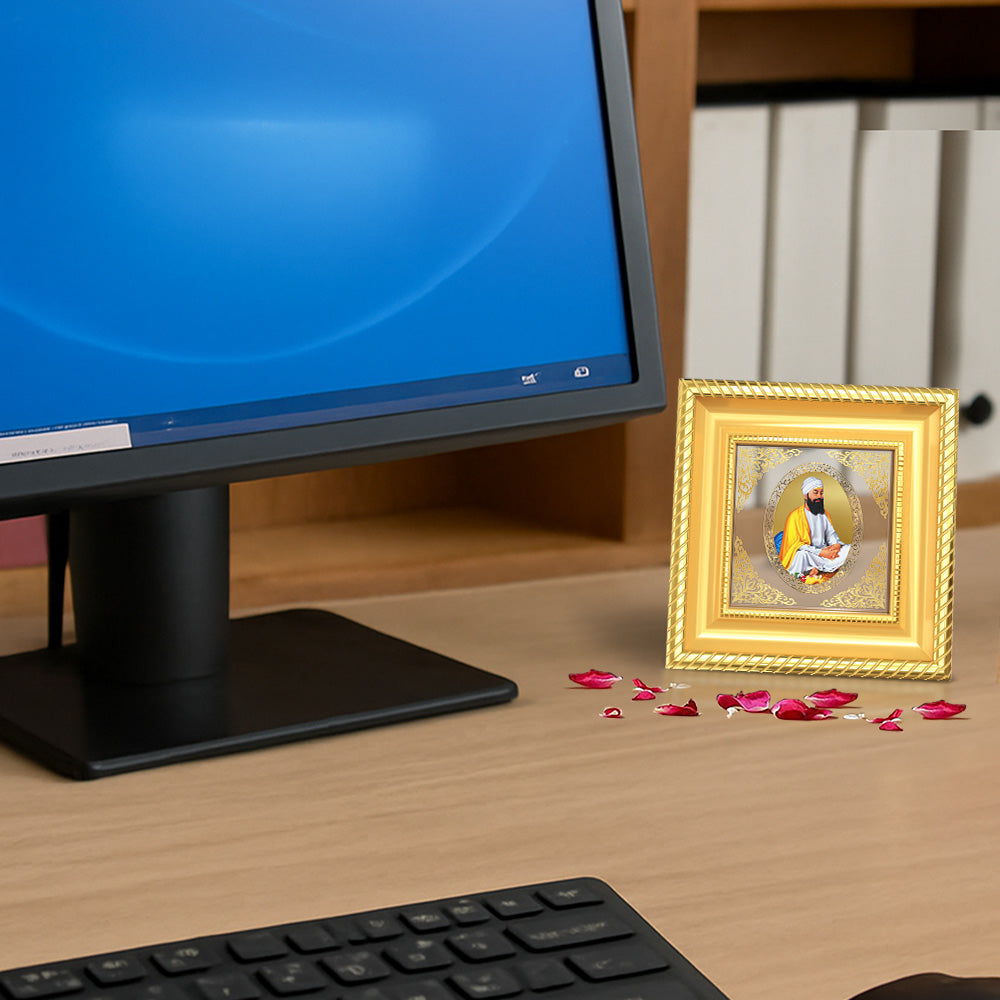 Guru Teg Bahadur Sahib Ji | Divine Sikh Guru Royal Tabletop Photo Frame in 24K Gold Plated Foil