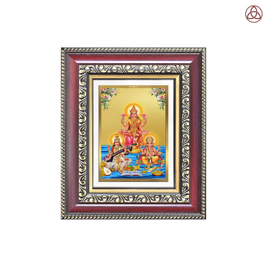 Goddess Lakshmi, Saraswati & Lord Ganesha | Divine Trio Tabletop Frame in 24K Gold Plated Foil