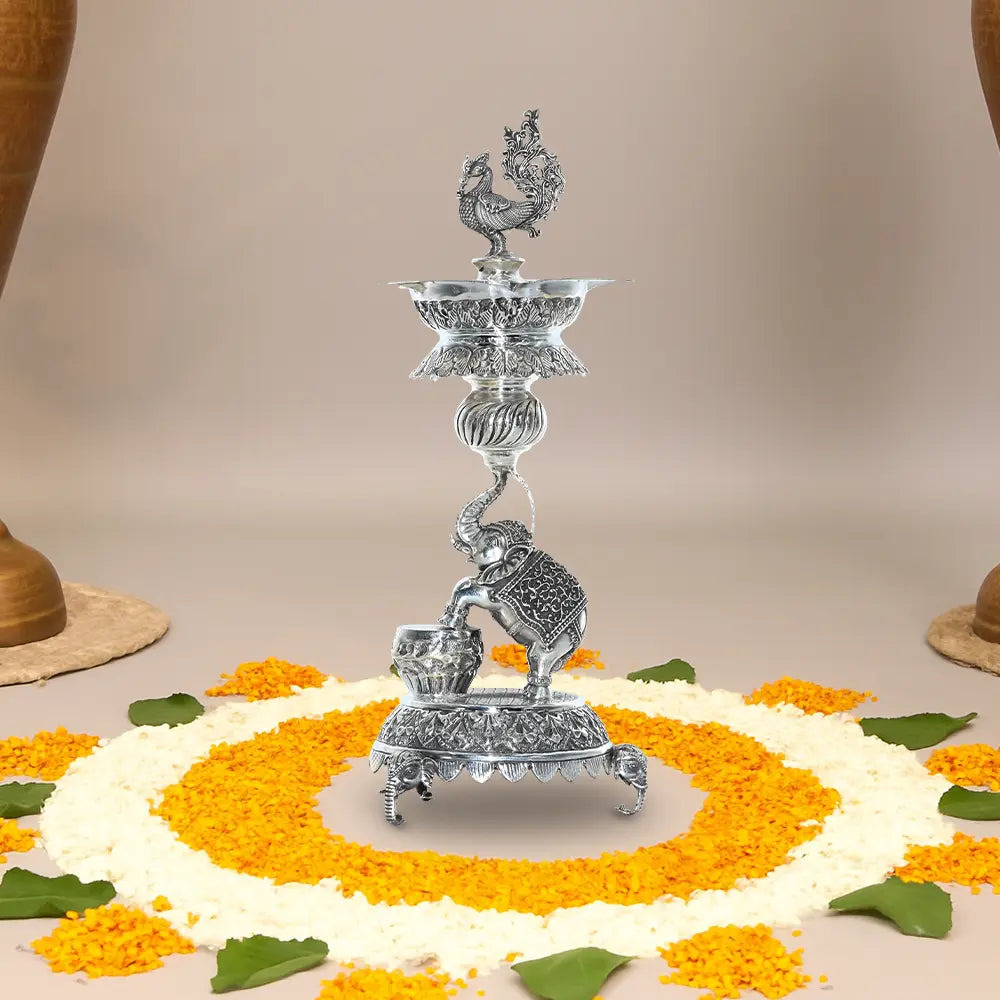 Pure Silver | Elephant & Peacock Diya Stand for Spiritual Decor | Home Temple | Puja & Festive Decor (530 g)