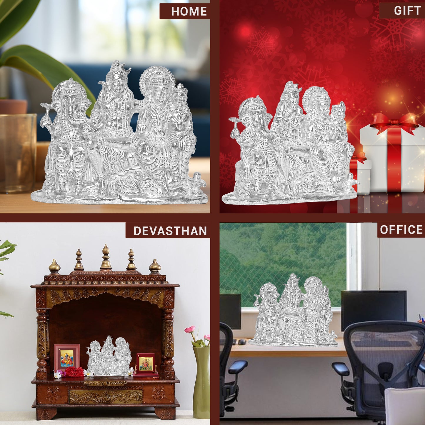 925 Pure Silver Shiv Parivar Idol Statue Elegant Divine Family Blessings for Home Office Décor, Tabletop, Puja Room Gift (7.7x29 CM, 290g)