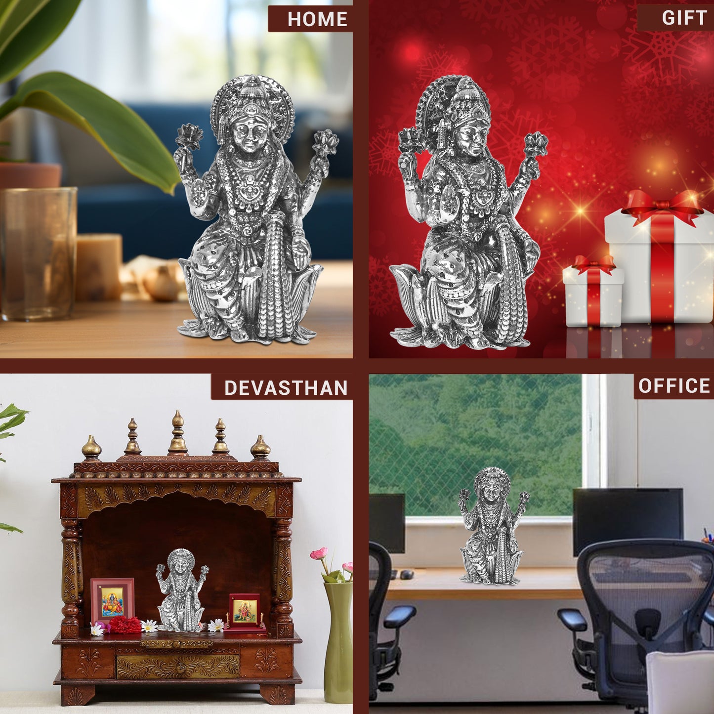 925 Pure Silver Laxmi Ji Idol Statue Divine Elegance Wealth and Prosperity for Home Office Décor, Tabletop, Puja Room Gift (6x6 CM, 60g)