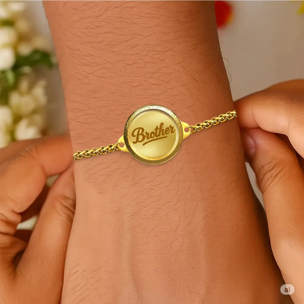 Personalized Chain Rakhi with 18MM 24K Gold Plated Foil Divine Raksha Bandhan Gift