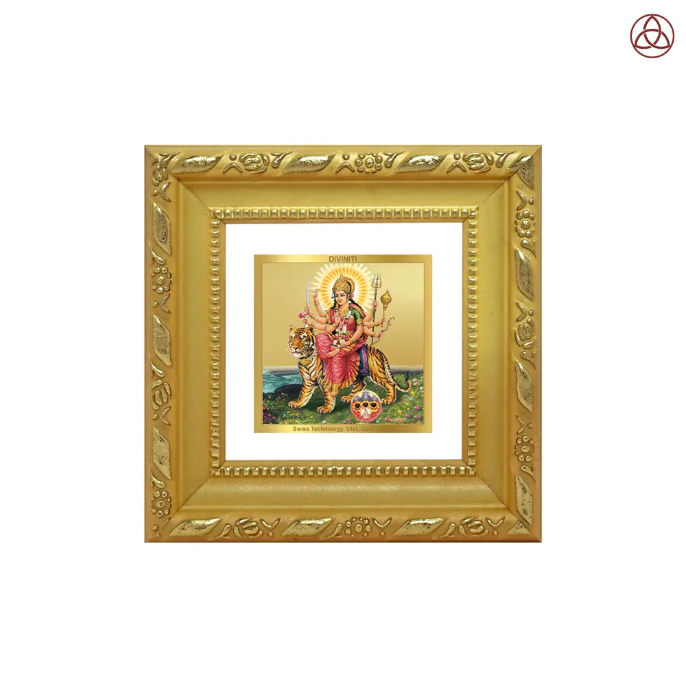 Durga Sherawali Mata with Pind | Goddess of Power & Protection Car Dashboard Frame in 24K Gold Plated Foil