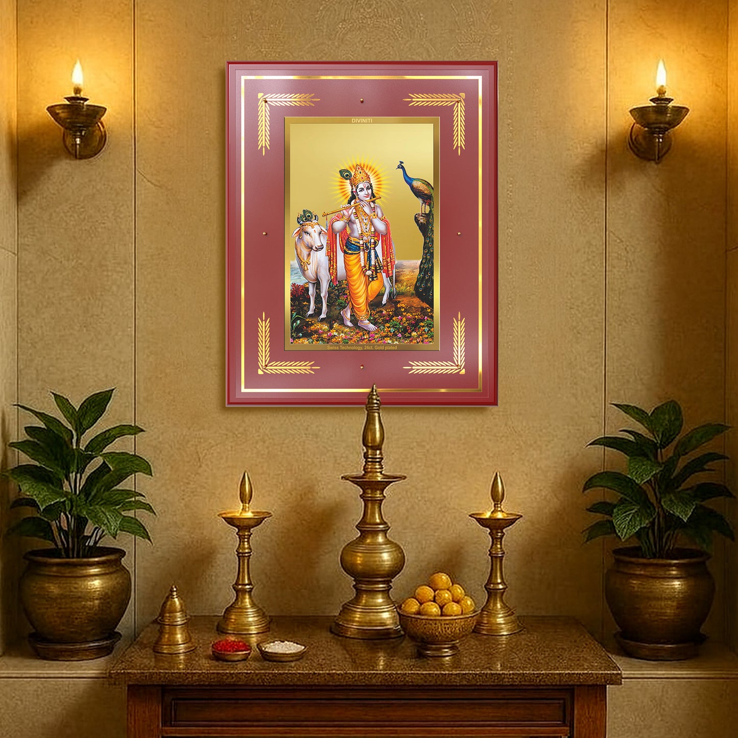 Lord Krishna with Surbhi Cow | Divine Wall Mount Photo Frame in 24K Gold Plated Foil