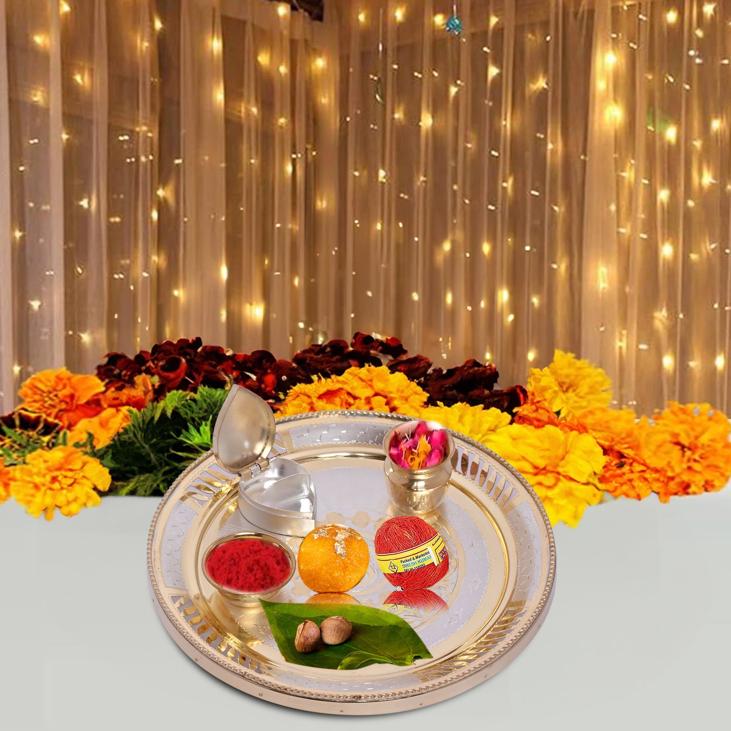 Diviniti 24K Gold Plated Puja Thali Kit Luxurious Tradition for Spiritual Ceremonies for Home & Office Décor, Puja Room Diwali Gift (324g)