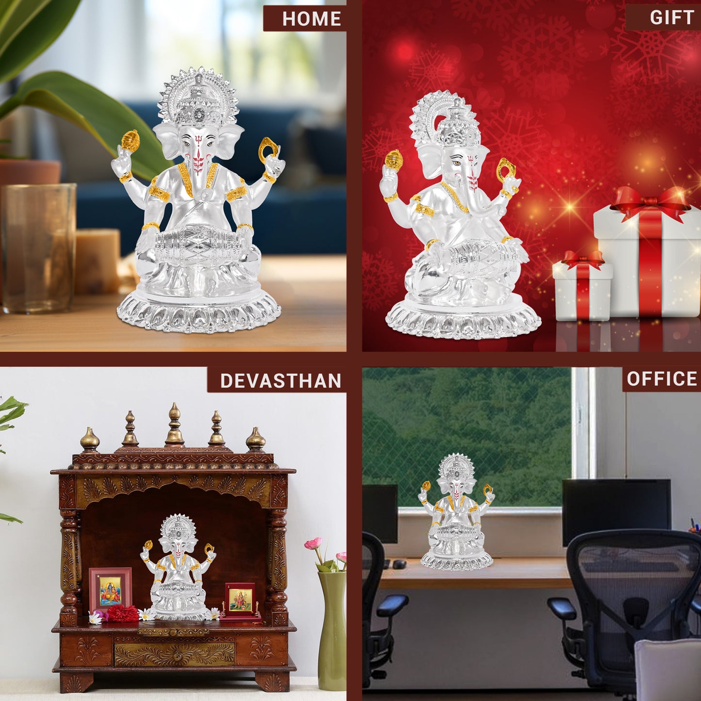 Diviniti 999 Silver-Plated Lord Ganesha Idol Statue Exquisite for Home Decor, Office Accent Pooja Room Essential & Thoughtful Gift (15x12 CM)