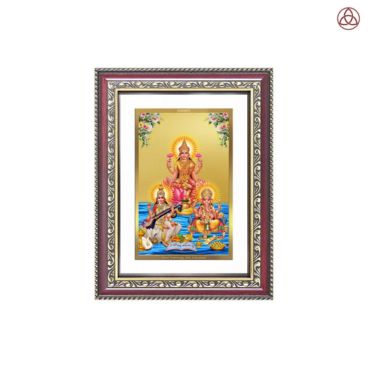 Goddess Lakshmi Saraswati & Lord Ganesha photo frame, 24K gold-plated, celebrating wisdom, wealth, and prosperity.