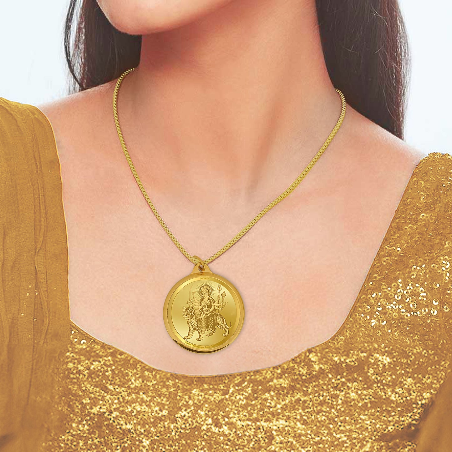 DIVINITI 24K Gold Plated Durga & Mata Ka Darbar 22MM Double Sided Pendant For Men, Women & Kids