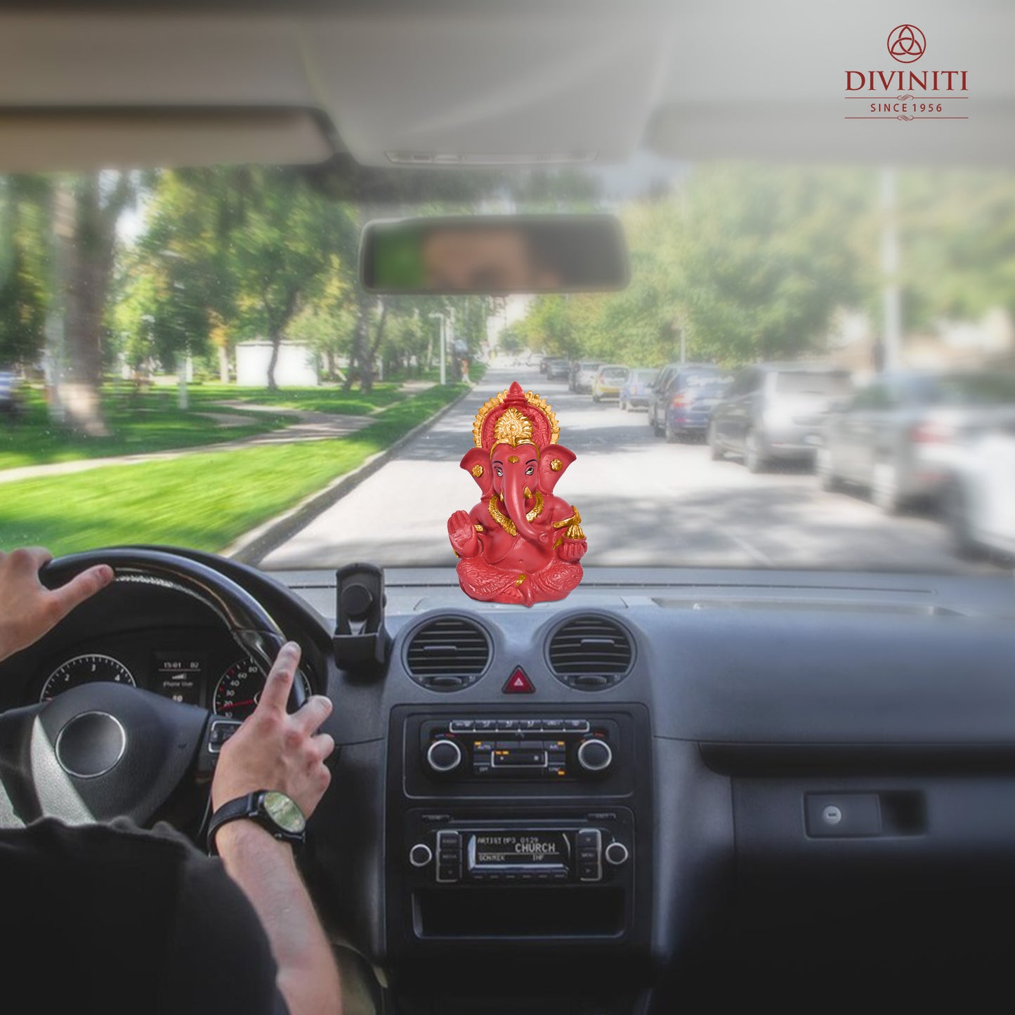 Diviniti 24K Gold Plated Resin Lord Ganesha Idol for Car Dashboard Tabletop for Home Decor Mandir Puja Gift Red (8.4x4.2cm)