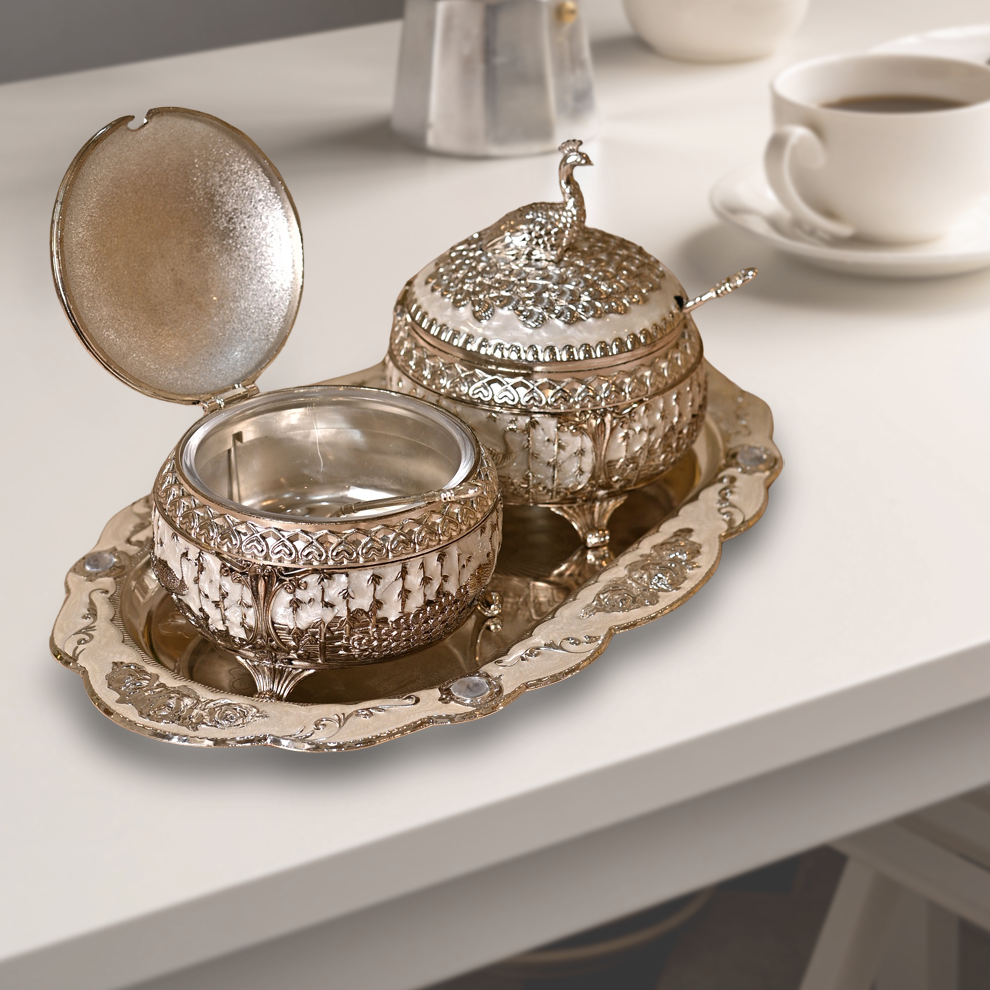 Diviniti Vintage Silver Plated Dry Fruit Peacock Container Box Set Sugar Bowl with Serving Tray Traditional Parties for Luxury Home Decor, Tabletop & Gift