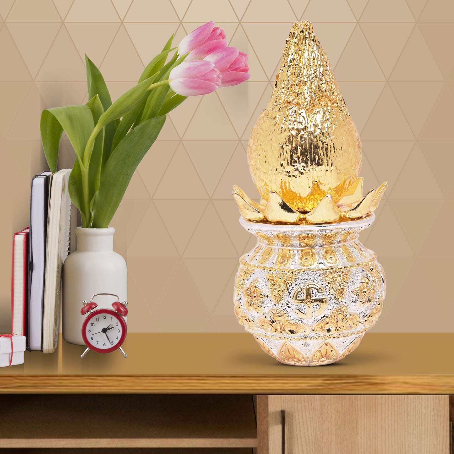 DIVINITI 24K Gold Plated Swastik Kalash with Coconut Elegance Rituals and Celebrations for Home Office Décor Puja Room Diwali Gift (16x8 CM)