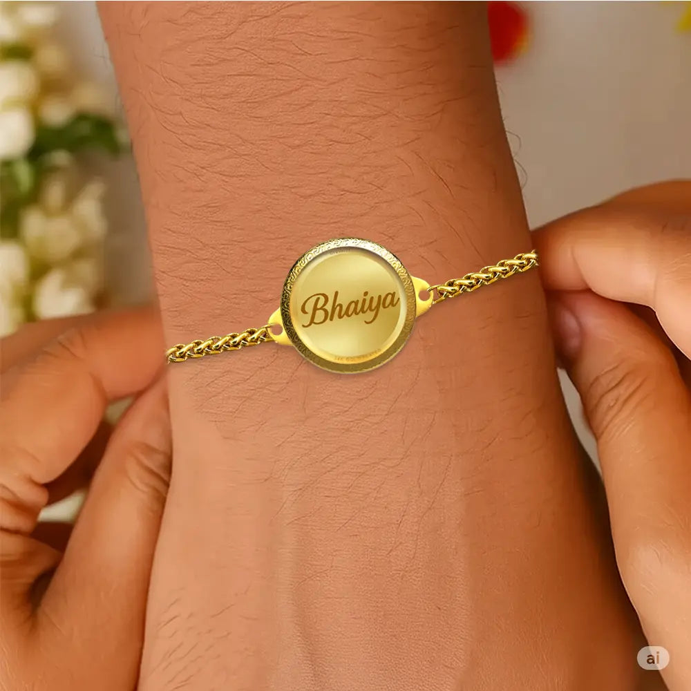 Personalized Chain Rakhi with 18MM 24K Gold Plated Foil Divine Raksha Bandhan Gift