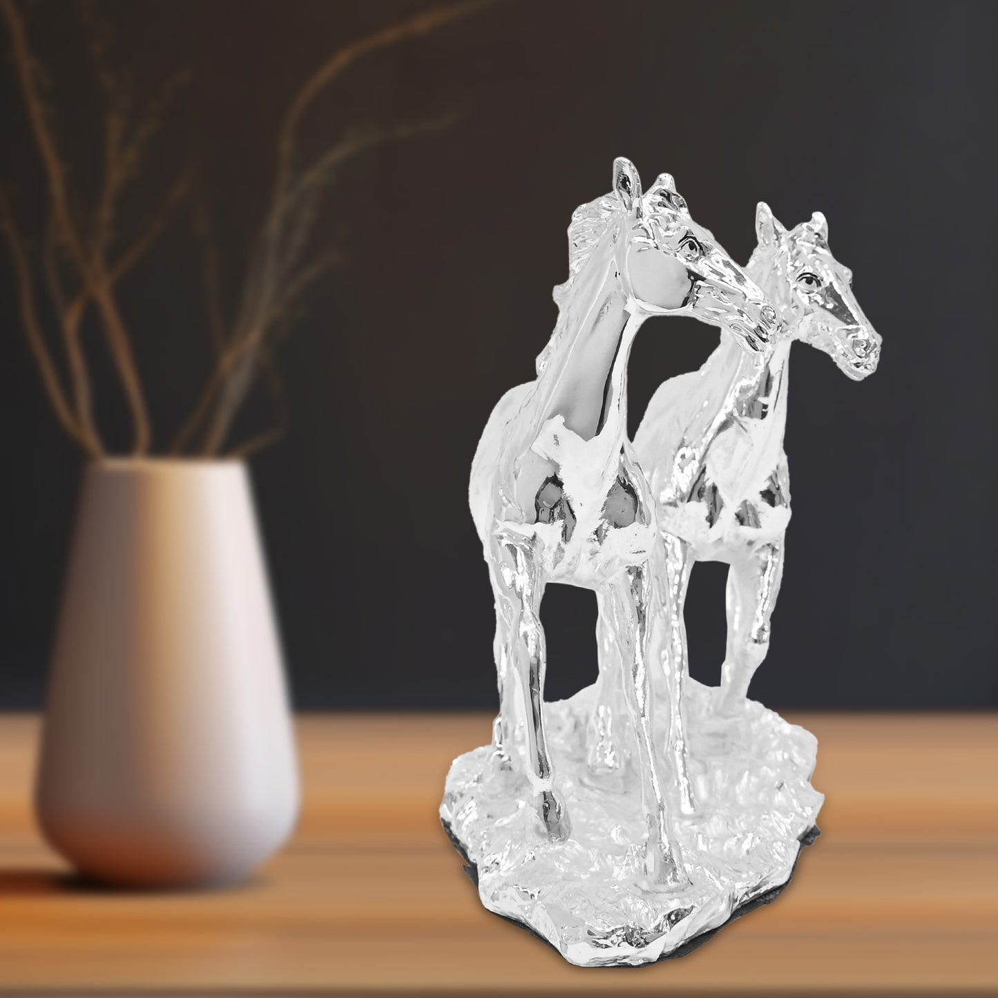 DIVINITI 999 Silver Plated Horse Idols Statue Wealth, Income, Bright Future and Vaastu For Home Décor, Office Tabletop Gift (16.5x21.5 CM)