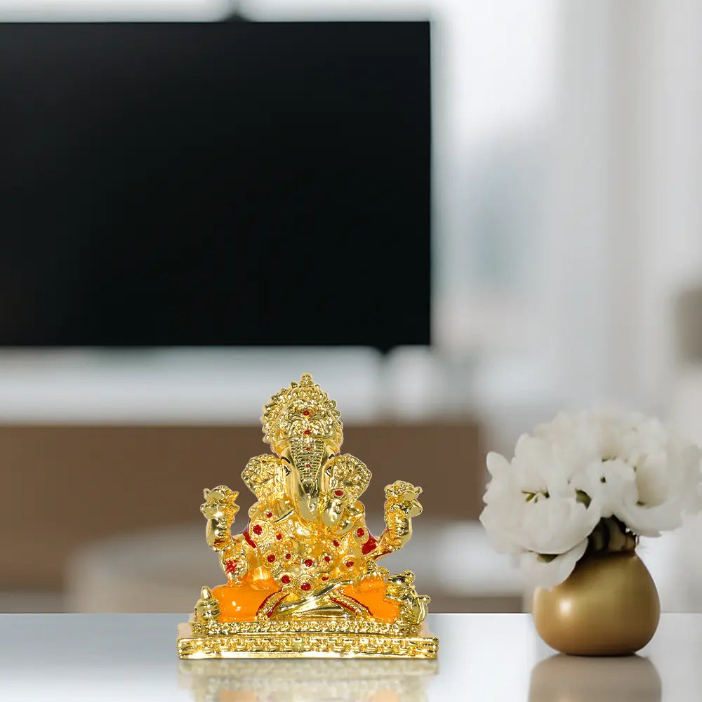 Lord Ganesha Idol Statue with Red Stones | Decorative Spiritual Showpiece for Home & Office