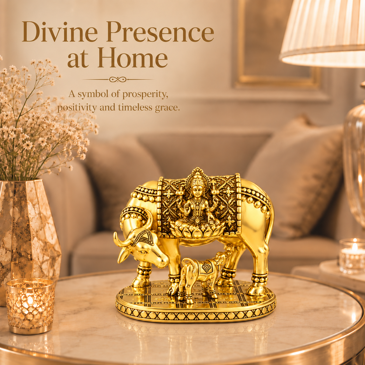 24K Gold-Plated Kamdhenu Cow Idol | Premium Gift Box | 11x9 CM